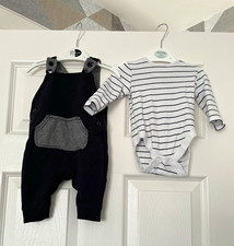George Baby 0-3 Months 2pc Black Dungarees & Striped Long Sleeve Bodysuit
