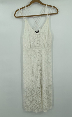 Three Pink Hearts Juniors Dress Medium Sleeveless White Lined Crochet Button New