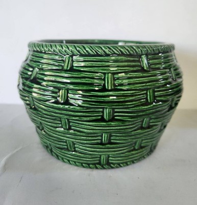 Vintage MCM  Green Pottery Planter ''Faux Basket''  USA