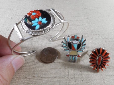 3 piece collection of silver & natural stone Zuni jewelry bracelet & rings - Image 1 of 4