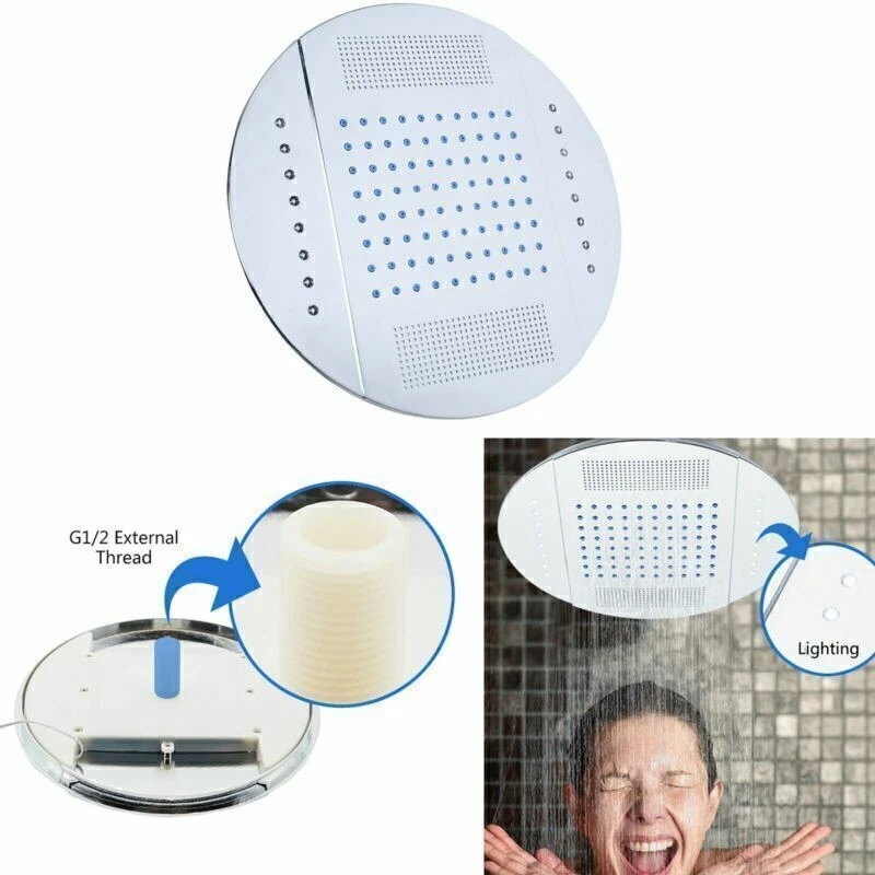 LED Light Ceiling Rainfall Overhead Water Saving Round Shower Head Spout Cabin