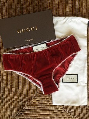 NEW GUCCI Panties Red Velvet White Lace Border IT40 100% Authentic + Box - Rare