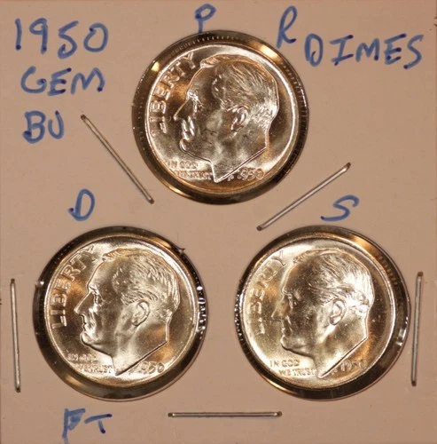 1950 P D S SILVER ROOSEVELT DIMES GEM BU D FULL BANDS! KEY DATE 500179 (3 COINS)