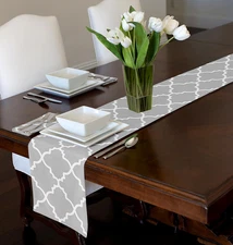 Grey and White Modern Contemporary Trellis Dining Room Kitchen Table Runner Mat