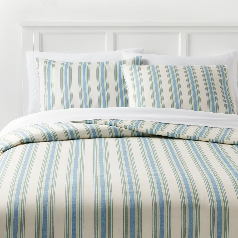 King Printed Easy Care Duvet Cover and Sham Set Ivory/White/Sage Green Striped
