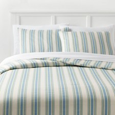 King Printed Easy Care Duvet Cover and Sham Set Ivory/White/Sage Green Striped