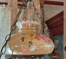 Beautiful Hand-painted Porcelain Swag/Hanging Lamp w/frosted Chimney. 