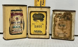 3 Vintage Spice Tins with paper Labels Witts, Wags, & Westerfield