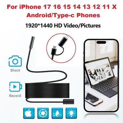 8LED Endoscope Borescope HD Inspection Camera Scope For iPhone 17/16/15 Android
