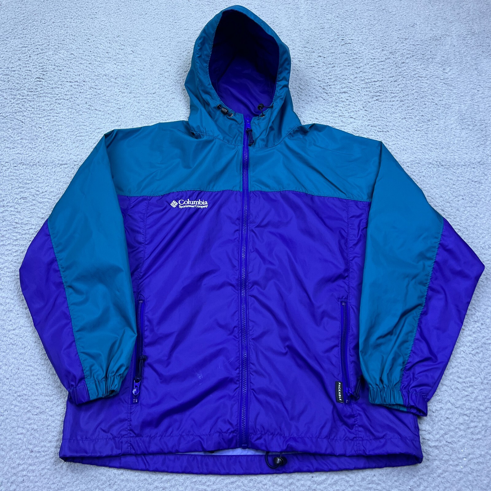 VTG Columbia Jacket Womens M Blue Windbreaker Hood Full Zip Colorblock 90s Retro