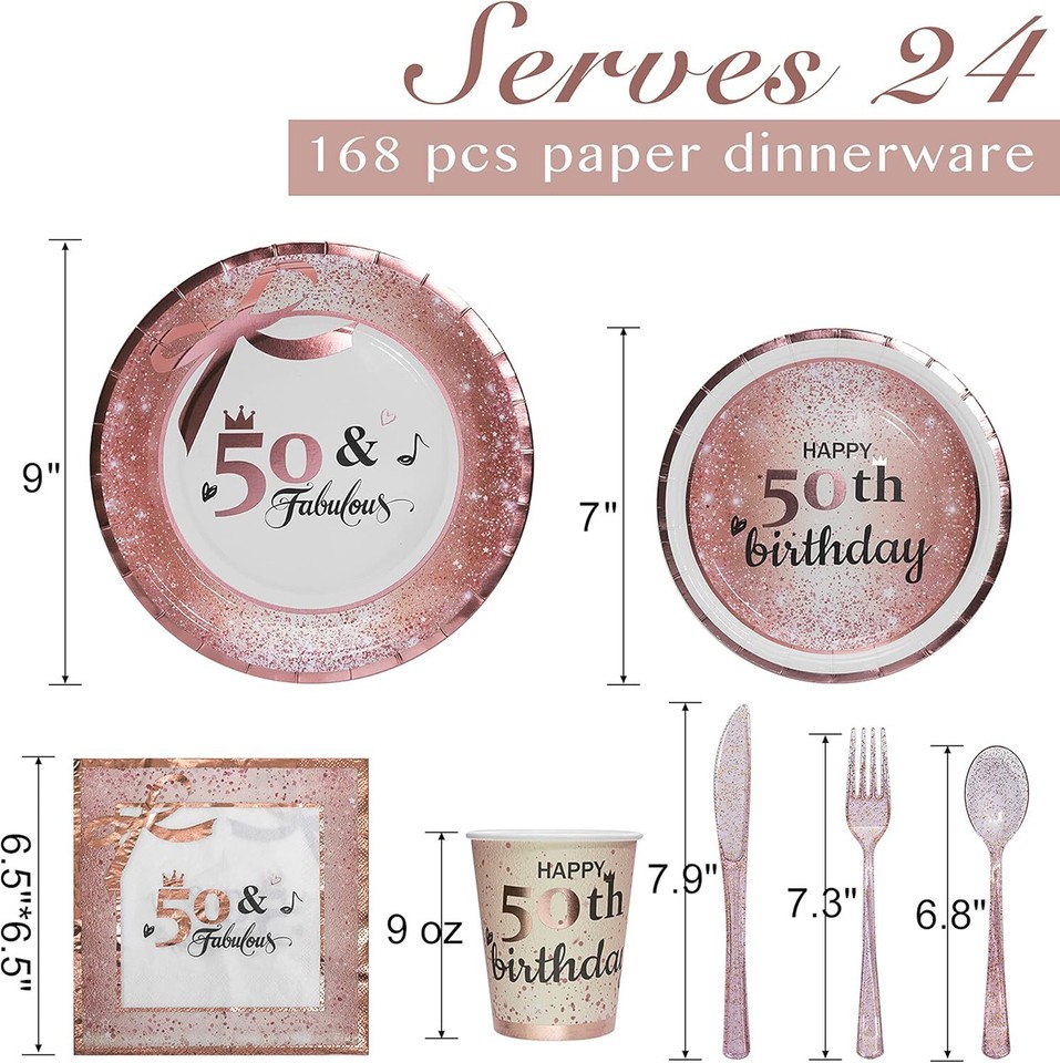 HOMIX 50 and Fabulous Party Plates Napkins Cups Sets Rose gold 50th