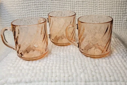 Vintage Arcoroc France Rosaline Pink Swirl Glass Mugs Set Of 3 Great Condition