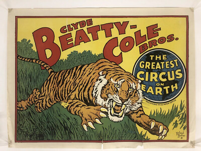 Vintage Clyde Beatty-Cole Bros Circus Tiger Poster 21  X 28 
