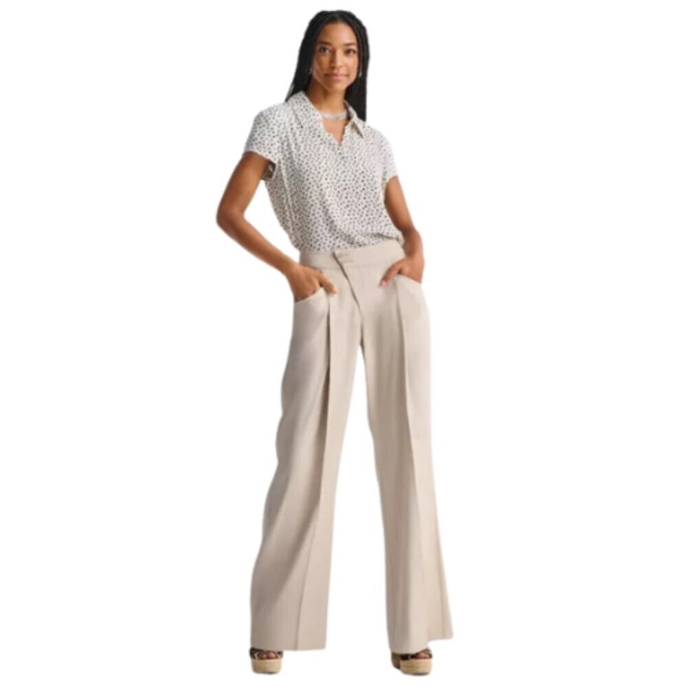 CAbi Womens 6 Linen Blend Flare High Waisted Beige Pant