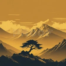 Lone Tree Yellow Mountain Art Print - Square High Resolution - DIGITAL FILE ONLY