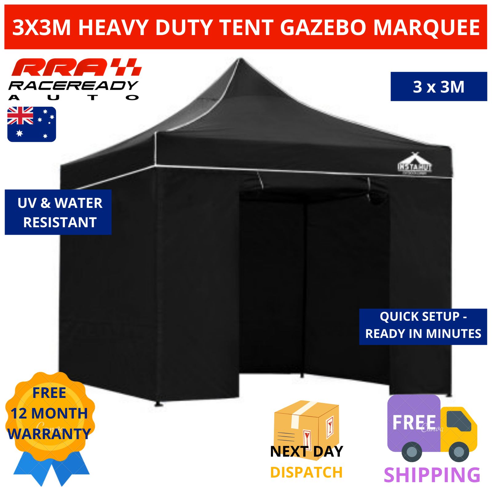 Instahut GAZEBOC3X45DXBLACK 3m X 4.5m 