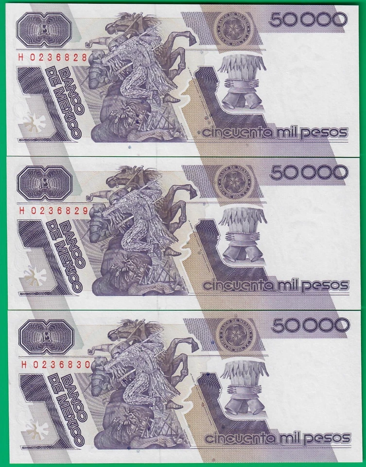 México 50000 pesos 20/10/1990 consecutivos, Serie HH, P93b, UNC - con 2 agujeros Foto 2 de 2