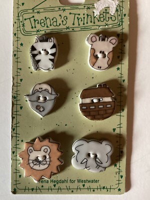 1990's Buttons Trena's Trinkets Noah's Ark Ceramic 6 Button Set NOS Westwater MR