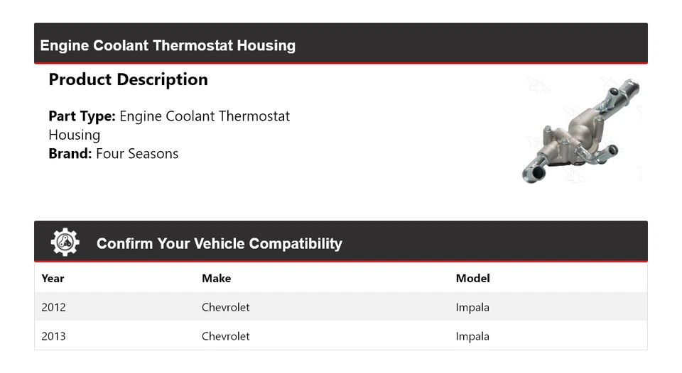适用于 2012 - 2013 雪佛兰 Impala 发动机冷却液恒温器外壳 4 季 — 第 2/4 张图片