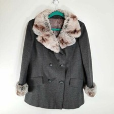 Jack Feit New York Womens Peacoat Gray Buttons Pockets Wool? Fur Trim Vintage L
