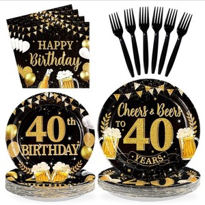 96PCS 40th BIRTHDAY PLATES/CAKE PLATES NAPKINS BLACK&GOLD CHEERS & BEERS NEW