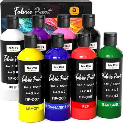 8 Colors Permanent Fabric Paint (4 Oz, 120 Ml) Soft Fabric Paint for Clothes, No