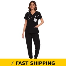 COZYFIT Women's Scrubs Set - V-Neck Top Cargo Pants, Black, M