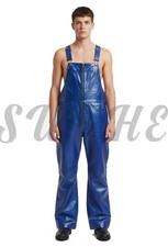 Blue Men's Premium Genuine Leather Bib Zipper Overalls Dungarees Bibs Overall