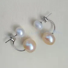 Fashion Double Real Natural White Pink Akoya Pearl Dangle Silver Stud Earrings