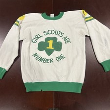 Vintage Girl Scouts Are Number One Sweatshirt Youth White Green Raglan USA Retro