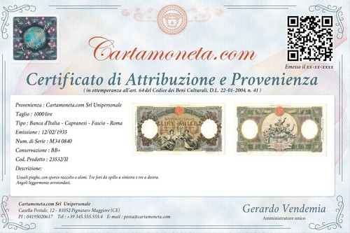 1000 LIRAS CAPRANESI PUBBLICHE MARINA REGINE FASCIO ROMA 12/02/1935 BB+ - Imagen 4 de 6