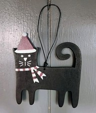 Black Cat Wood Christmas Ornament Primitives By Kathy Santa Hat Holiday Kitty