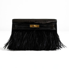 Hermès Kelly Elan Folie Clutch Black Porosus Crocodile & Feather Noir Gold HW