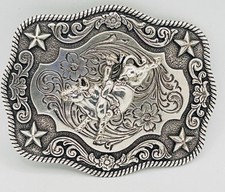 Vintage NOCONA Silver Tone Belt Buckle Western Rodeo Cowboy Bullrider 3"