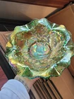 Pretty Radium Green Millersburg Carnival Glass Nesting Swan Pattern Ruffled Bowl