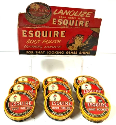 RARE ANTIQUE (9) 25 CENT ESQUIRE BOOT POLISH TINS STILL SEALED WITH ORIGINAL BOX