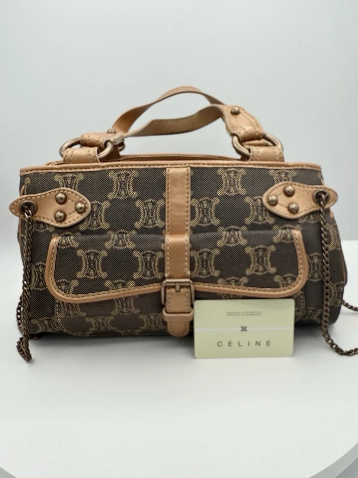 CELINE Macadam Triomphe Shoulder Bag Hand Bag Denim Chain Leather Metallic Rare - Image 2 of 4