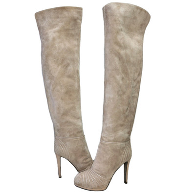 SERGIO ROSSI Suede Over-The-Knee Stiletto Boot Sz 37 Beige Leather Made In Italy