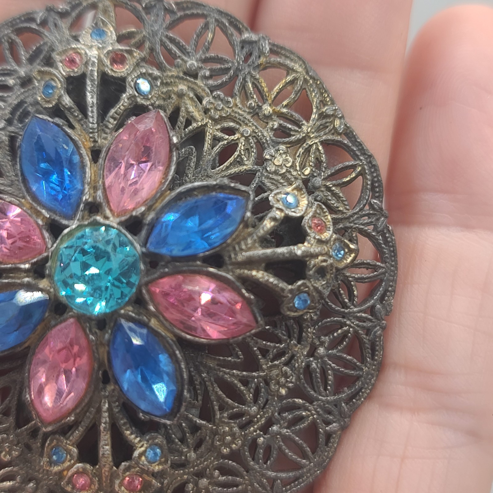 Vintage Rhinestone Dress Clip Pastel Blue Pink Silver Tone