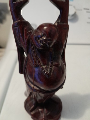 Vintage BUDDHA Rosewood Happy Laughing Hands Up Figurine Souvenir Hong Kong - Picture 2 of 7