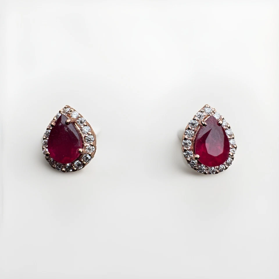 14K Rose Gold Pear Cut 3.00ct Natural Ruby & 0.36ct Natural Diamonds Earrings - Image 3 of 4