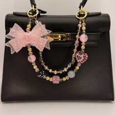 Pink Bow Bag Charm Crystal Beaded Purse Charm Rhinestone Keychain Gold Tone