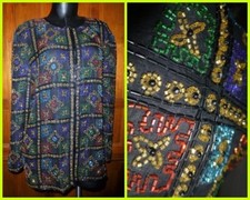 VTG 80s HEAVY hand Embroidered Silk Glass BEADS Evening Formal JACKET L