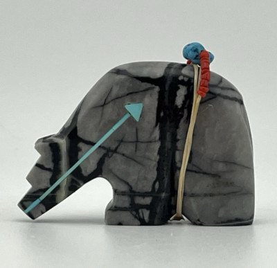 Zuni Bear Fetish in Picasso Marble by Tony Laiwakete w/ Coral Beads & Turquoise