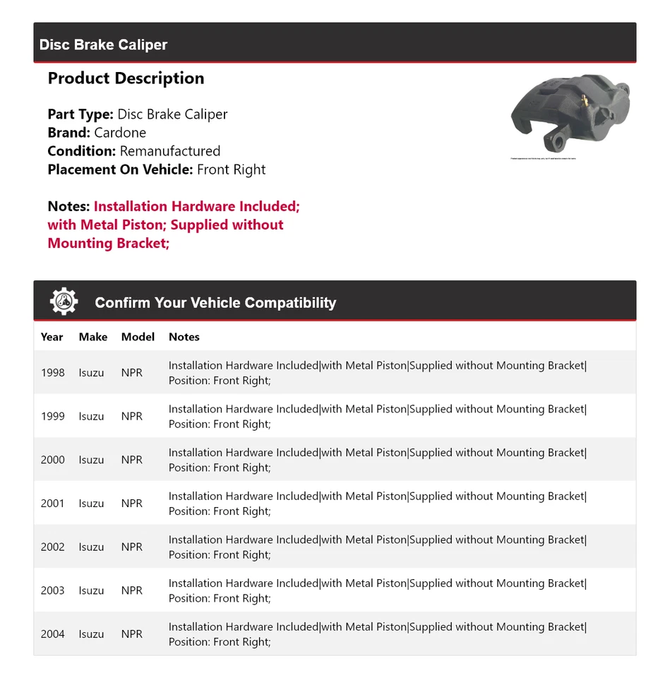 Pinza de freno de disco delantera derecha Cardone 1999 2000 2001 Isuzu NPR 1998-2004 Foto 2 de 4