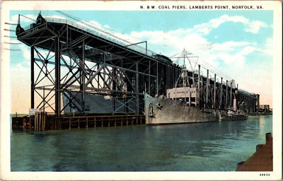 Postcard N. & W. Coal Pier Lamberts Points Norfolk Virgina Postmarked 1934