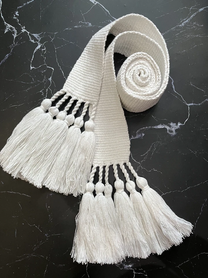 Cotton Belt White Woven Sash Krajka Tribal Tassels Accents Monochrome Strap Boho - Image 4 of 4