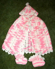 Vtg 1980s Handmade Crocheted Child's Baby Cape Pom Poms Hood Booties Pink B57