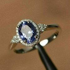 3.00 Ct Oval Cut Blue Sapphire Diamond Halo Engagement Ring 925 Sterling Silver