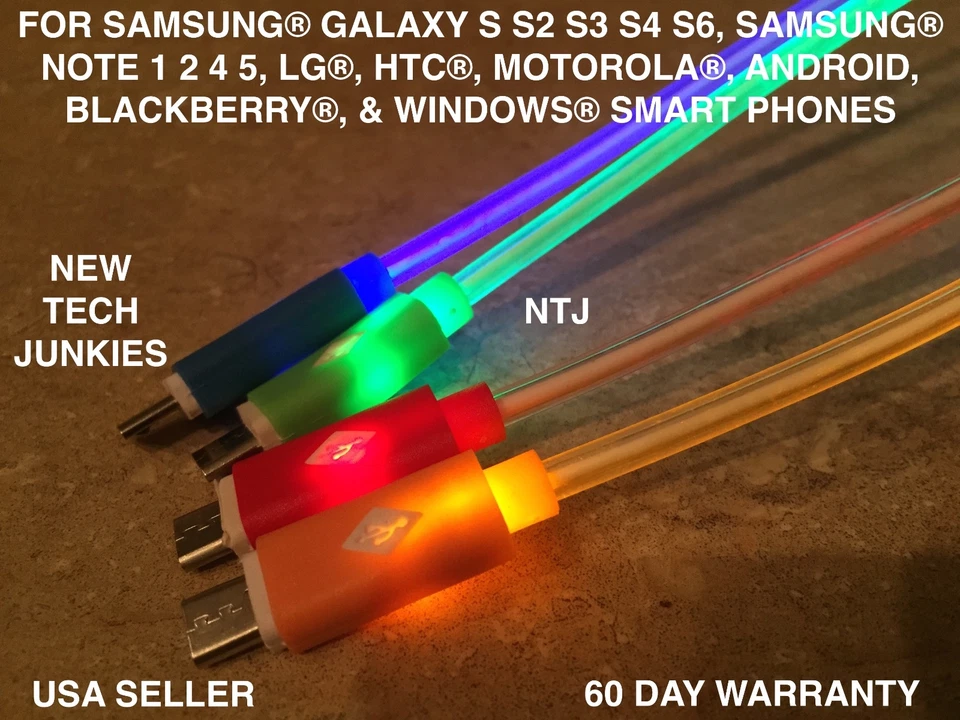8" MINI SHORT GLOW LED Light Micro USB Charger Data Sync Cable for Samsung S6 S7 - Image 2 of 4